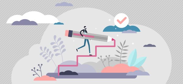 Creating opportunity abstract concept, flat tiny person vector illustration. Personal goals and company vision development growth ladder. Business upward progress path to the success and achievements.