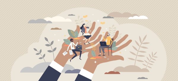 Employee care and labor support with social security tiny person concept. Human resources work to protect team with benefits, loyalty and assurances vector illustration. Job insurance and well being.